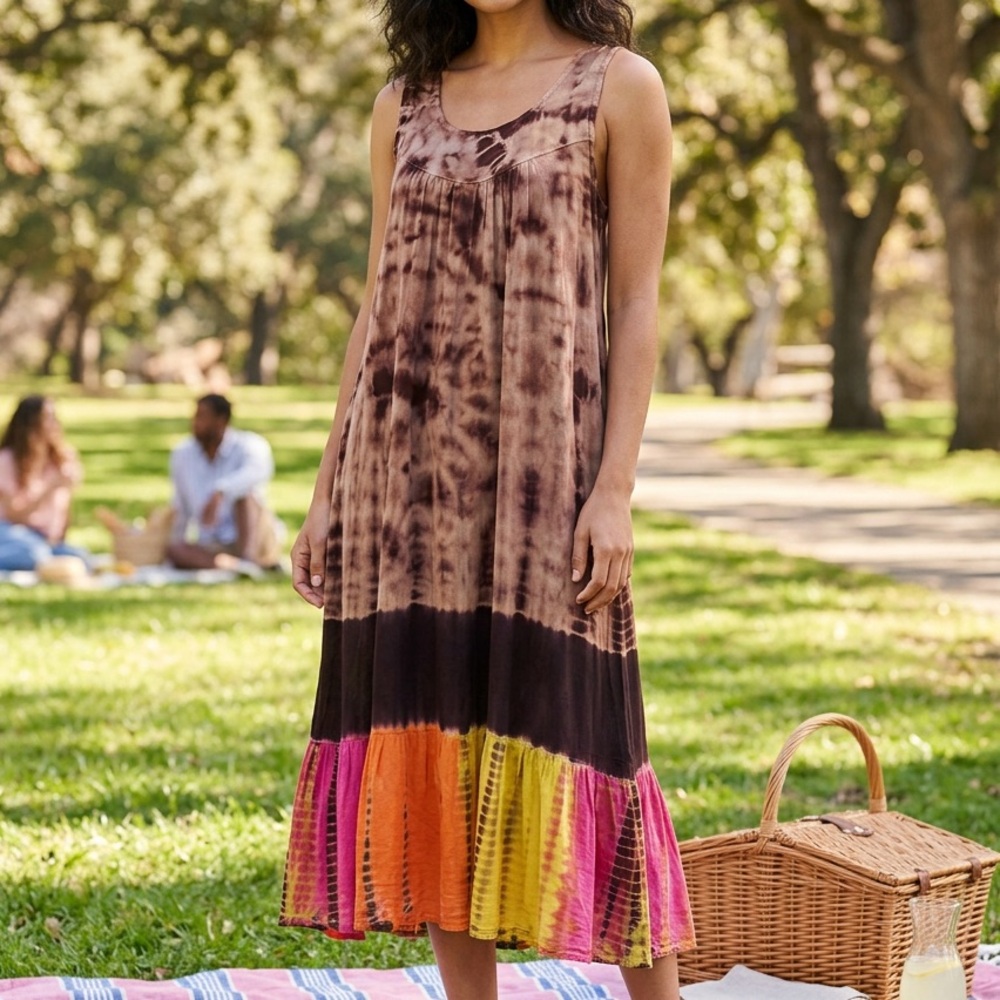 Lola P. Woman’s Brown/Tan/Pink/Yellow/Orange Tie Dye Flowy Sun Dress, Size Large
